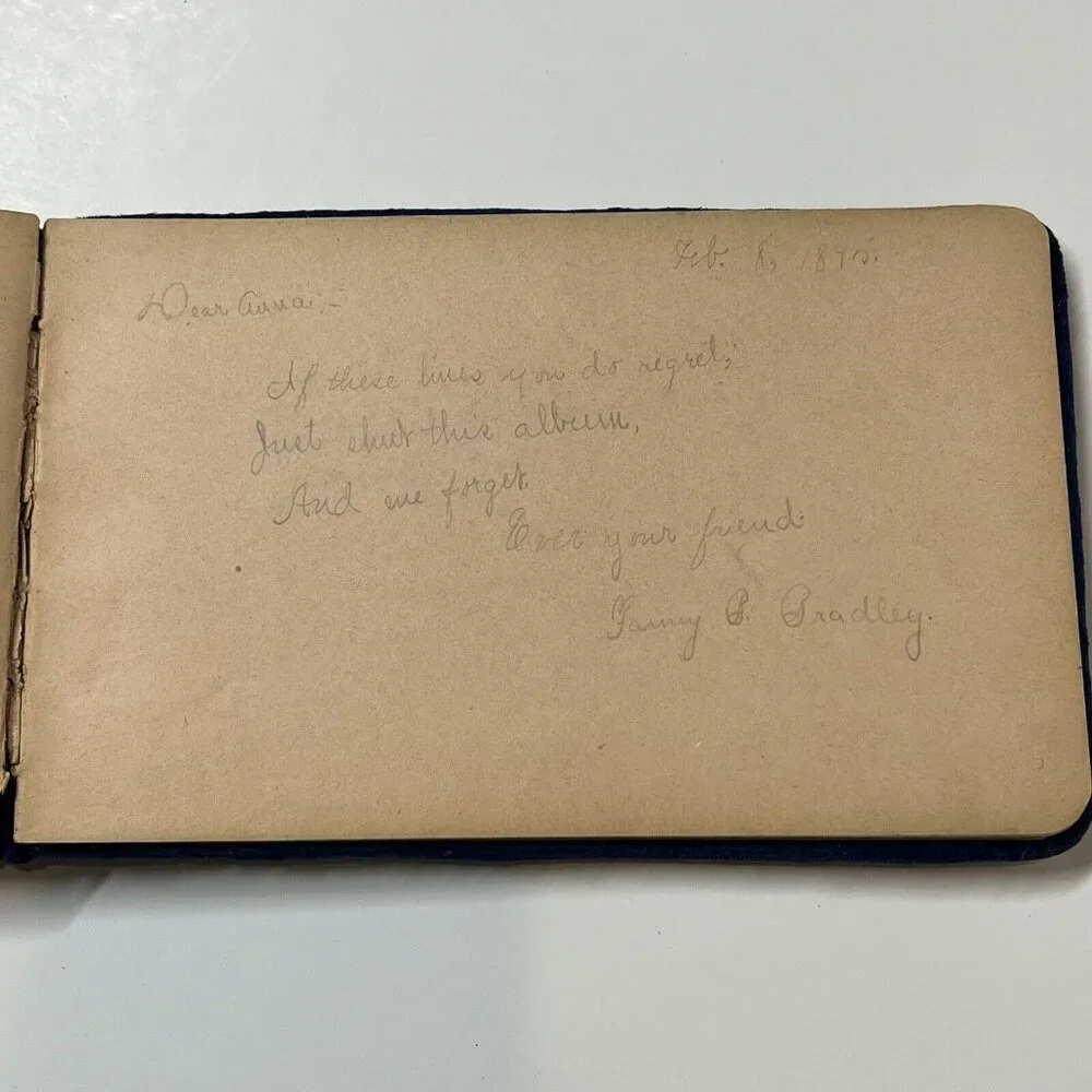 1880s Antique AUTOGRAPH ALBUM Blue Velvet Cover Anna J. Nelson Blooming Prairie